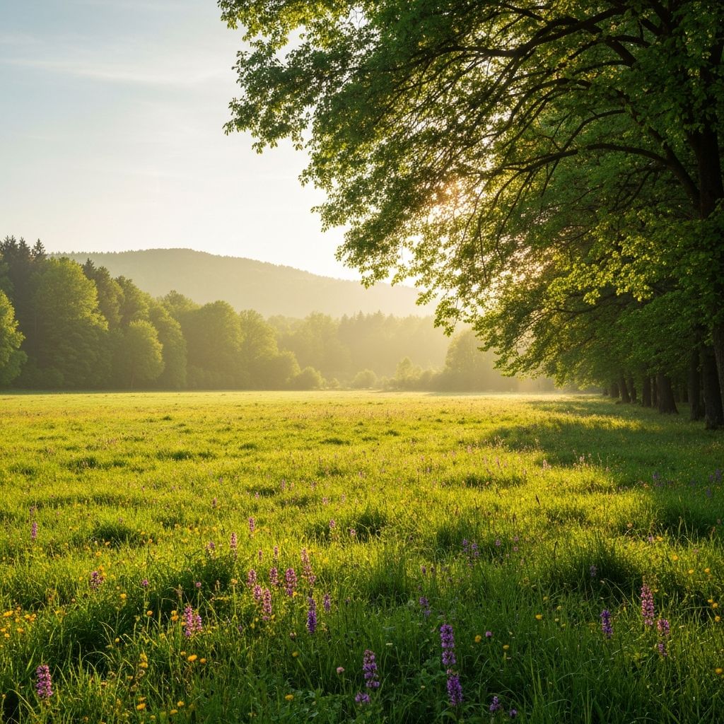Natürliche Landschaft mit grünen Wiesen und Wäldern