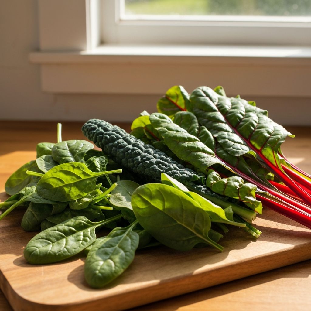 Verschiedene Blattgemüse auf einem Schneidebrett