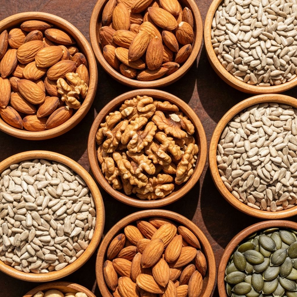Verschiedene Nüsse und Samen in Schalen